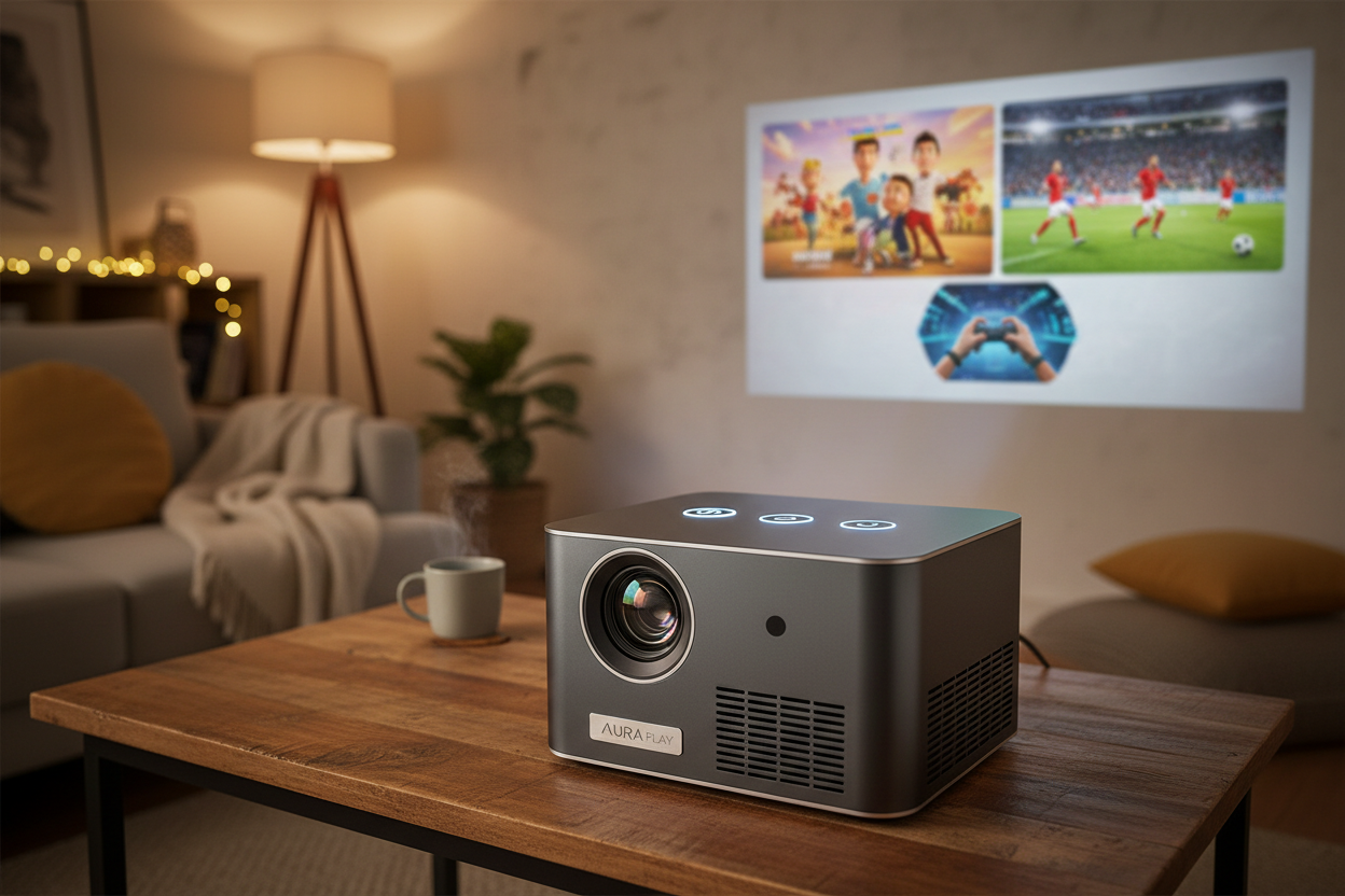 A compact and portable home projector designed for movies, sports, gaming, and everyday entertainment