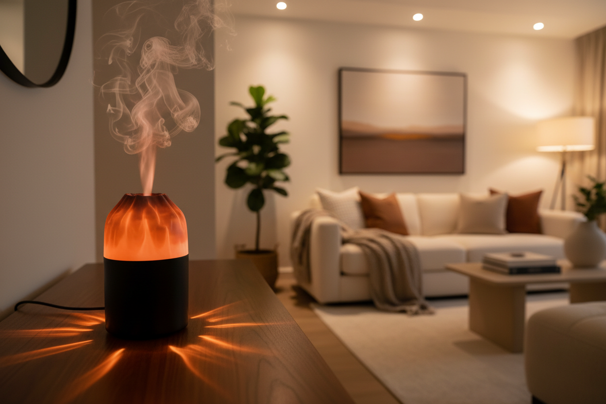 Create a 1920x1080 hero banner for a Light & Ambiance collection featuring the VolcanoMist™ Ultrasonic Flame Diffuser. The scene should show a cozy, modern living space with soft ambient lighting and a warm, relaxing glow. Include subtle reflections, soft shadows, and elegant LED-style highlights to emphasize the diffuser’s flame effect. Make the product clearly visible on a table or shelf, surrounded by a calm, atmospheric background. The overall mood should be cozy, premium, modern, and inviting. Leave a 