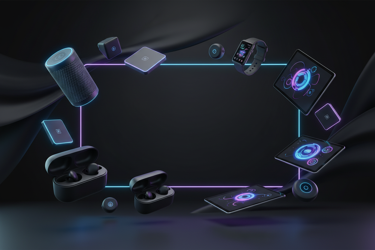 Create a high-quality hero banner in 1920x1080 resolution, designed for a dark-themed modern online store. The style should be sleek, futuristic, and minimalistic, with soft neon highlights (blue or purple). Include floating tech gadgets and home innovation elements arranged aesthetically, with a subtle glow effect. The background should be dark matte with smooth gradients, giving a premium and high-tech atmosphere. Leave clear empty space in the center for headline text. No people. Ultra sharp, cinematic l