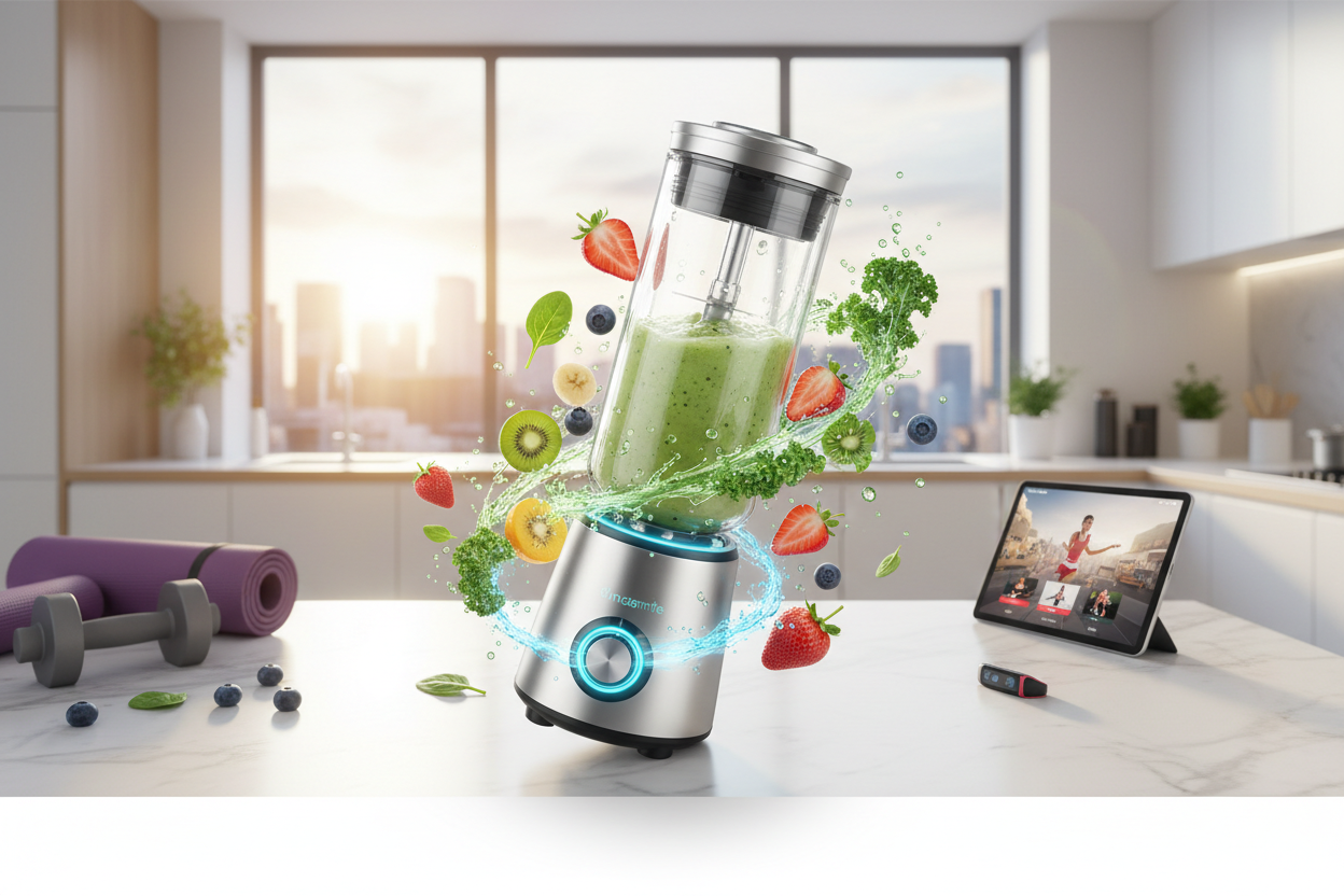 High-quality promotional banner of a sleek, portable USB rechargeable mini blender for smoothies and shakes, modern and stylish kitchen background, highlighting health, fitness, and wellness lifestyle, with glowing effects on the blender to emphasize tech/gadget appeal, fresh fruits and vegetables around, vibrant colors, clean and minimal text space for overlay, 16:9 ratio, photorealistic, eye-catching, energetic, appealing to young adults and home gadget enthusiasts